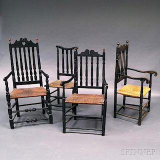 Four Black-painted Banister-back Chairs