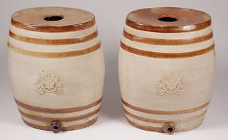 Pair of Large English Salt Glazed Stoneware Dispenser Kegs, 19th Century