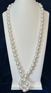 Fine 15mm White South Sea Baroque Pearl Necklace, 14k White Gold and Diamond Clasp