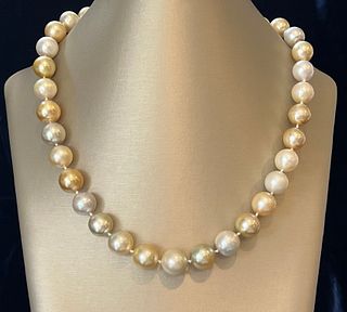 Graduated Natural Gold and White South Sea Pearl Necklace, 14k White Gold and Diamond Clasp