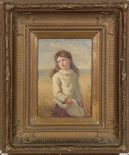 After Eastman Johnson Oil on Canvas "Portrait of a Young Girl Gathering Flowers"