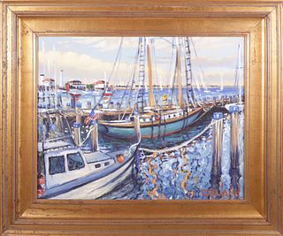 Illya Kagan Oil on Linen "Moored Boats in Nantucket Harbor"
