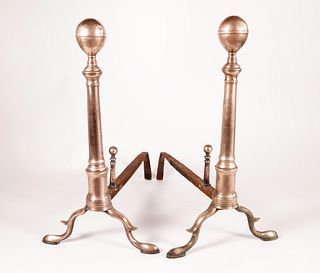 Scarce Pair of Bell Metal Ball Top Andirons, 19th Century