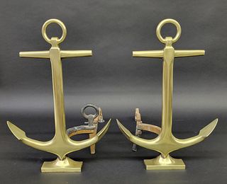 Pair of Vintage Brass Nautical Ship Anchor Andirons