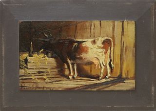 Wendell Macy Oil on Door Panel "In the Barn", circa 1887