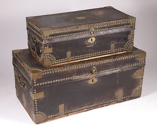 Robert Edes Chinese Export Leather and Brass Bound Camphorwood Trunks, early 19th Century