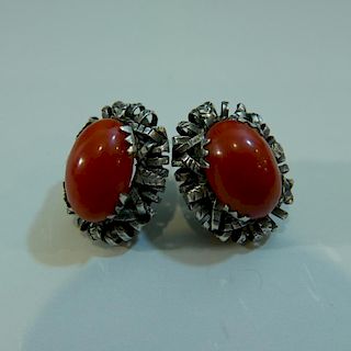 PAIR STERLING SILVER RED CORAL CABOCHON EARRINGS