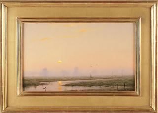 William R. Davis Oil on Panel "Misty Sunset on the Marsh", circa 2017