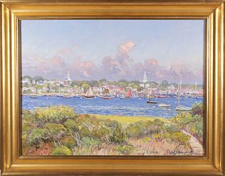 Jan Pawlowski Oil on Linen "View of Nantucket Town and Harbor", circa 2005