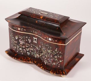British Regency Antique Tortoiseshell and Mother of Pearl Tea Caddy, 19th Century