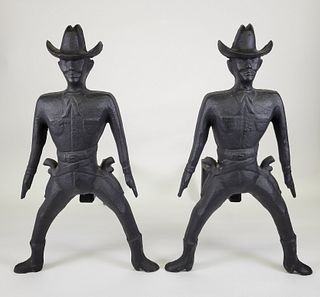 Rare Antique Cast Iron Figural Cowboy Gunfighter Andirons
