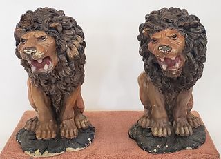 Pair of Painted Cast Cement Figural Lion Sculpture Garden Statues, 20th century