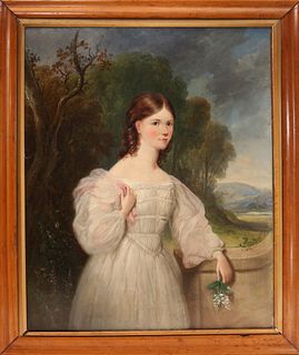 English School Oil on Canvas "Portrait of a Young Woman Holding Lilies of the Valley", circa 1857