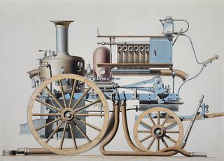 Exceptional 19th C. American Steam Pumper Firefighting Apparatus Watercolor