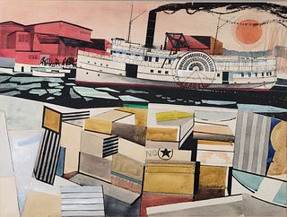 Warren Spaulding Mid Century Watercolor and Gouache Modernist View "Unloading the Steamboat"