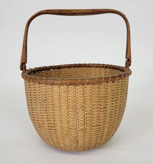 Rare Antique Palm Fiber Woven Nantucket Swing Handle Basket, circa 1880