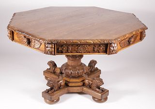 English Gothic Carved Oak Center Table, 19th Century