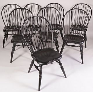Set of Eight Black Painted Bow Back Windsor Style Dining Side Chairs by J. Brown