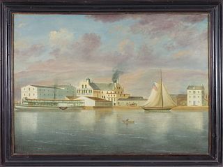 Oil on Canvas View of an American Commercial Wharf, 19th Century