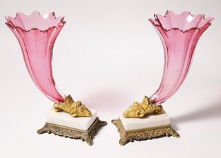 Pair of French Gilt Bronze and Cranberry Cut Crystal Cornucopia Vases, 19th Century