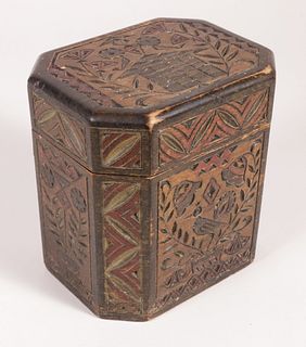 Folk Art Polychrome Chip-Carved Wooden Tea Caddy, late 19th Century