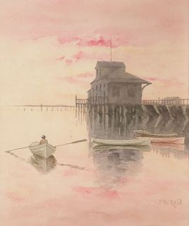Jane Brewster Reid Watercolor on Paper "Lone Dory at Sunset"