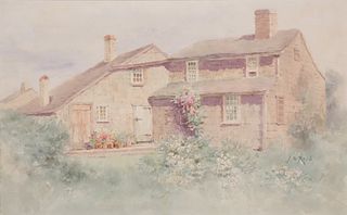 Jane Brewster Reid Watercolor on Paper "Nantucket Rose Covered Cottage"