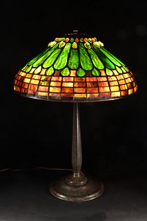 Tiffany Studios Leaded Stained Glass Jeweled Feather Table Lamp, circa 1910