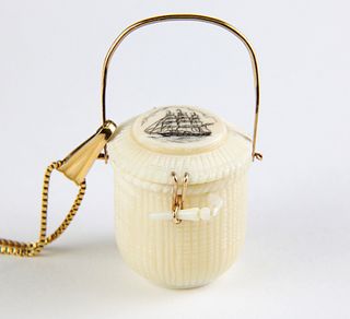 Vintage Nancy Chase Carved Nantucket Friendship Basket Pendant & 14K Necklace