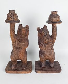 Pair of Antique Black Forest Carved Wooden Figural Bear Candlesticks