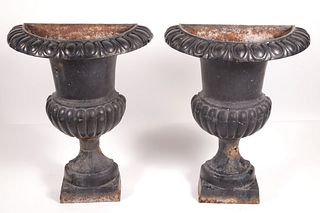 Pair of Scarce American 19th Century Cast Iron Half-Round Urns