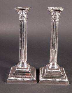 Pair of American Silver Plated Corinthian Column Candlesticks, circa 1900