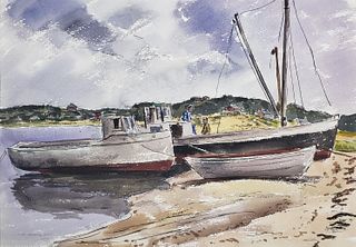 Max Arthur Cohn Watercolor on Paper, "Wellfleet Fishing Boats"