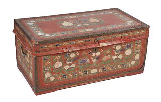 Chinese Export Painted Canvas Covered Camphorwood Trunk, 19th Century