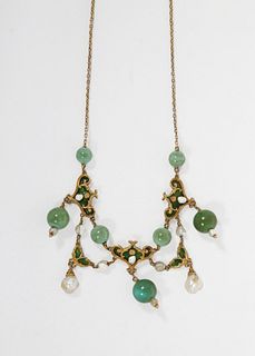 Art Nouveau Antique Baroque Seed Pearl, Enamel and Green Labradorite Stone Necklace