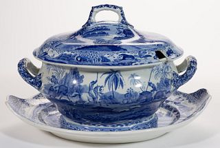 STAFFORDSHIRE TRANSFER-PRINTED INDIAN SPORTING SERIES CERAMIC SOUP TUREEN AND UNDERTRAY