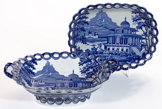 STAFFORDSHIRE INDIA VIEW TRANSFER-PRINTED CERAMIC RETICULATED BASKET AND STAND