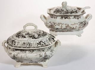 STAFFORDSHIRE TRANSFER-PRINTED CERAMIC SOUP TUREENS, LOT OF TWO