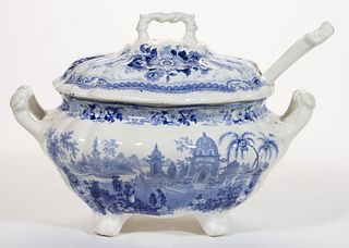 STAFFORDSHIRE INDIA VIEW TRANSFER-PRINTED CERAMIC SOUP TUREEN AND LADLE
