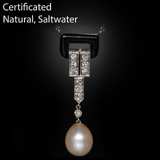 ART-DECO CERTIFICATED NATURAL SALTWATER PEARL DIAMOND AND ONYX DROP PENDANT NECKLACE