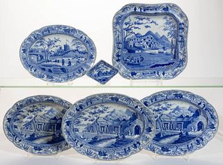 STAFFORDSHIRE SPODE TRANSFER-PRINTED CARAMANIAN SERIES CERAMIC TABLE ARTICLES, LOT OF SIX