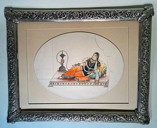 Vintage Anglo-IndianSterling Silver Repousse Picture Frame~ Ragini Painting w/ Gemstones