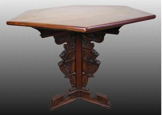19th Century Italian Renaissance Style Griffin Carved Walnut Hexagonal Entry Table