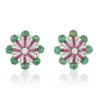 Emerald Ruby Pearl and Diamond Earrings