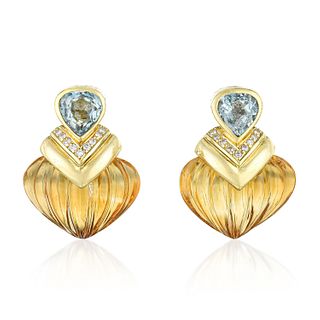 Citrine Topaz and Diamond Gold Earrings