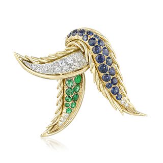 Diamond Sapphire and Emerald Gold Brooch, France