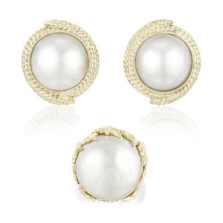 Group of Pearl and Gold Ring and Earrings