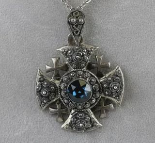 Vintage 950 Sterling Silver Jerusalem Cross Jeweled Pendant & Chain