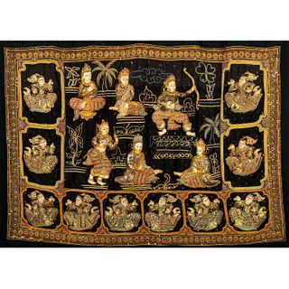 Burmese Embroidered Kalaga Tapestry, Various Characters