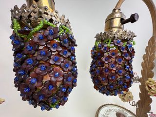 Pair Czech Bohemian Art Glass Flower Beaded Lamps